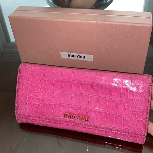 Miu Miu Handbags - Miu Miu Bright Pink Croc long wallet with box